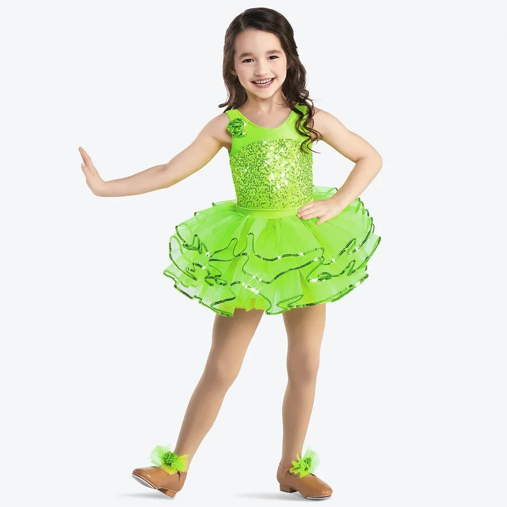 Pre-Owned Dance Costume Revolution RC17079 Small Child Green Sequin Jazz Tap Se